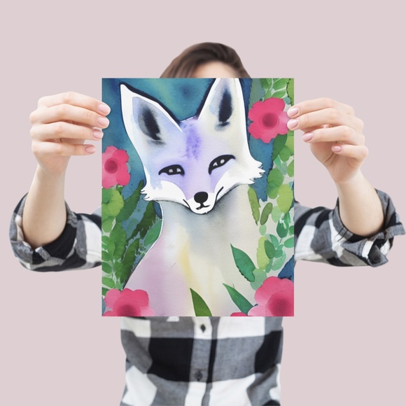 Wall Art Watercolor Floral Arctic Fox Illustration Print Poster Card Unframed - Picture 3 of 5